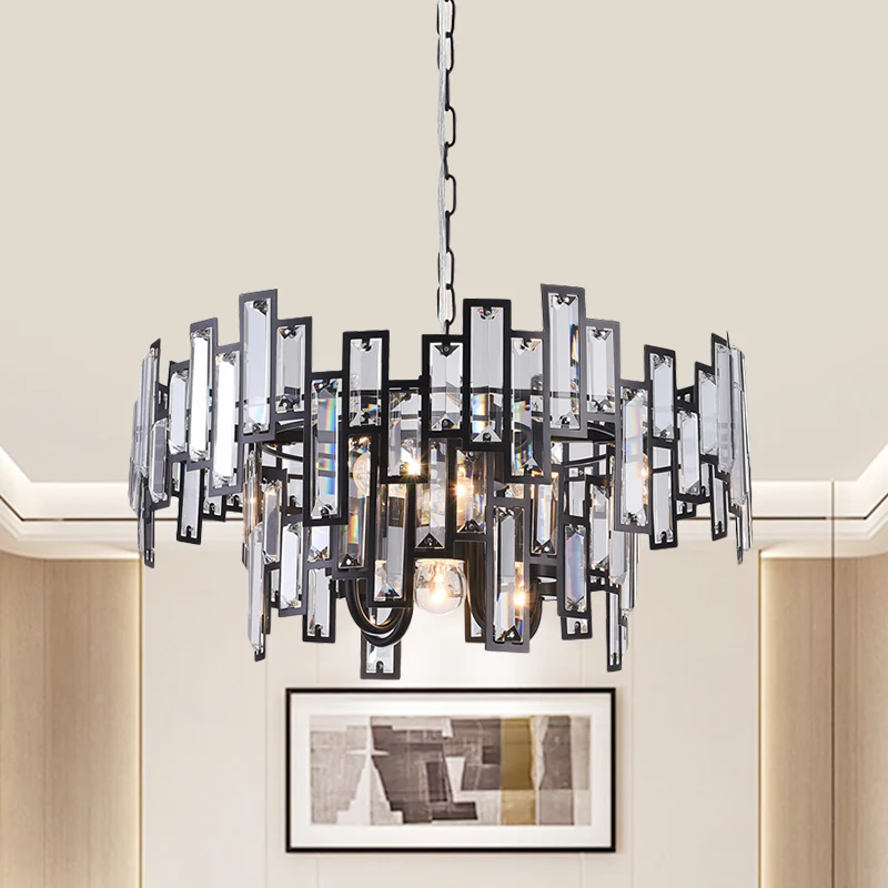 Lustre contemporain intégré en blocs de cristal diaphane, 6 ampoules, suspension ronde dorée/noire pour chambre à coucher