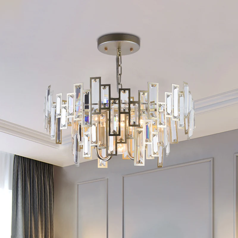 Lustre contemporain intégré en blocs de cristal diaphane, 6 ampoules, suspension ronde dorée/noire pour chambre à coucher