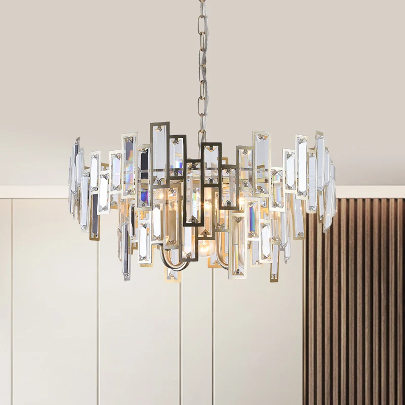 Lustre contemporain intégré en blocs de cristal diaphane, 6 ampoules, suspension ronde dorée/noire pour chambre à coucher