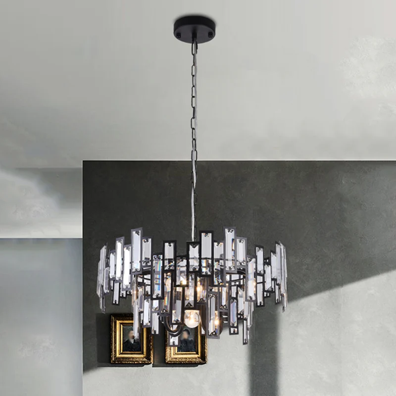 Lustre contemporain intégré en blocs de cristal diaphane, 6 ampoules, suspension ronde dorée/noire pour chambre à coucher