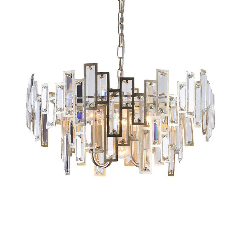 Lustre contemporain intégré en blocs de cristal diaphane, 6 ampoules, suspension ronde dorée/noire pour chambre à coucher