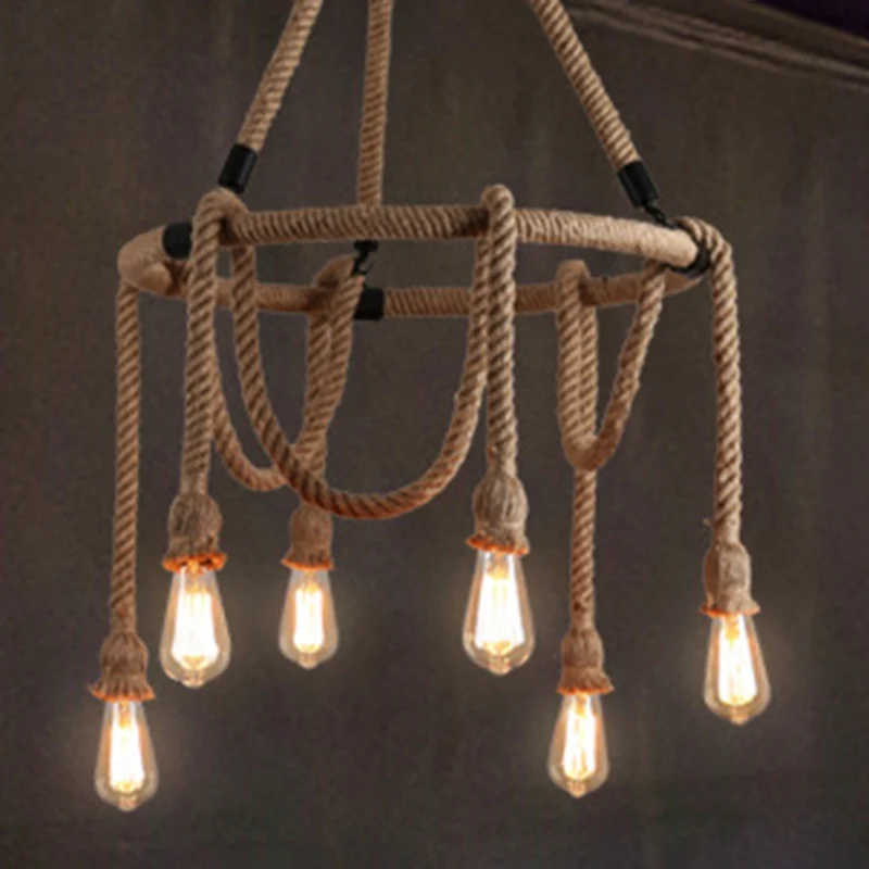 Lustre industriel à ampoule exposée, luminaire de plafond suspendu en corde Beige manifeste 6/8 pour salle à manger