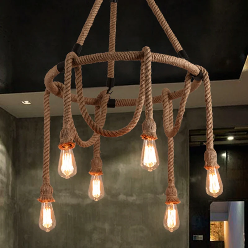 Lustre industriel à ampoule exposée, luminaire de plafond suspendu en corde Beige manifeste 6/8 pour salle à manger