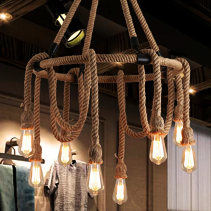 Lustre industriel à ampoule exposée, luminaire de plafond suspendu en corde Beige manifeste 6/8 pour salle à manger