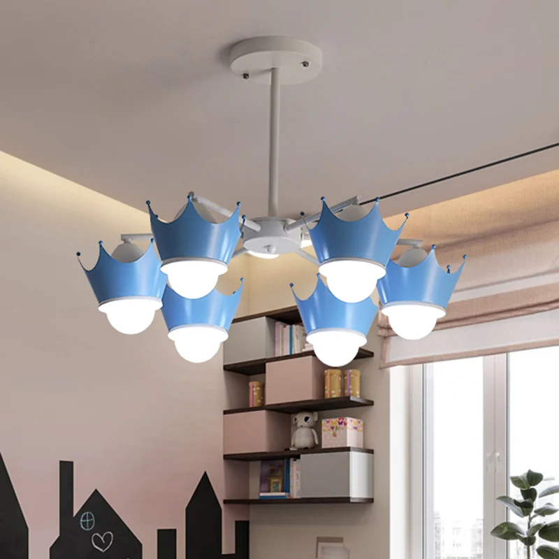 Lustre de plafond en fer radial pour enfant, 6/8 ampoules, jaune/bleu, suspension avec abat-jour couronne