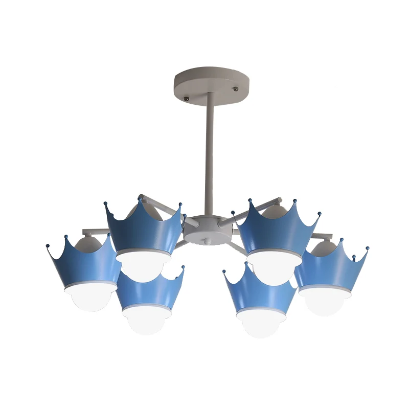Lustre de plafond en fer radial pour enfant, 6/8 ampoules, jaune/bleu, suspension avec abat-jour couronne