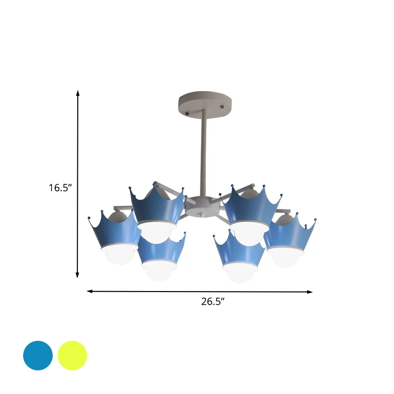 Lustre de plafond en fer radial pour enfant, 6/8 ampoules, jaune/bleu, suspension avec abat-jour couronne