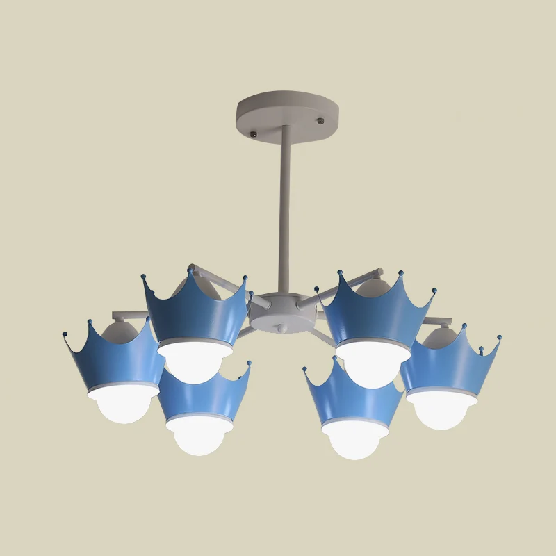 Lustre de plafond en fer radial pour enfant, 6/8 ampoules, jaune/bleu, suspension avec abat-jour couronne