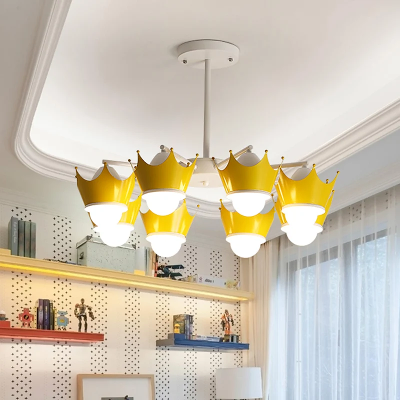 Lustre de plafond en fer radial pour enfant, 6/8 ampoules, jaune/bleu, suspension avec abat-jour couronne