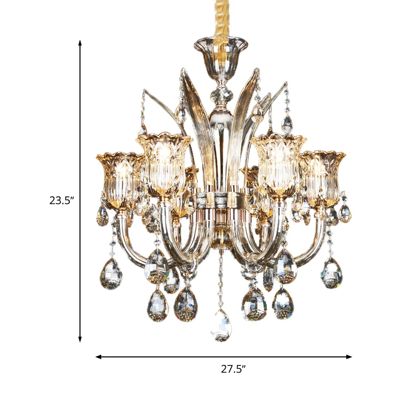 Lustre de salon à 6/8 ampoules, luminaire suspendu moderne en ambre avec abat-jour en verre cristallin floral, 23.5 "/ 27....