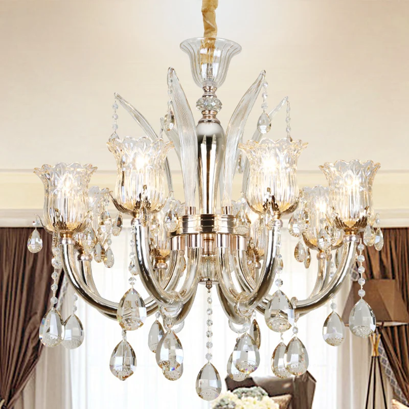 Lustre de salon à 6/8 ampoules, luminaire suspendu moderne en ambre avec abat-jour en verre cristallin floral, 23.5 "/ 27....