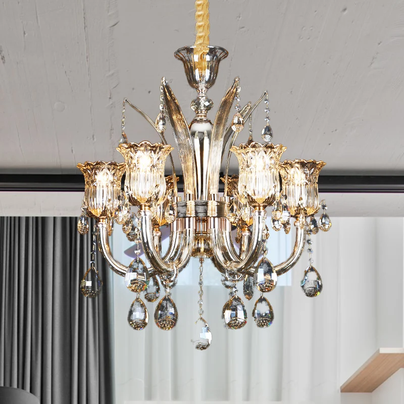 Lustre de salon à 6/8 ampoules, luminaire suspendu moderne en ambre avec abat-jour en verre cristallin floral, 23.5 "/ 27....
