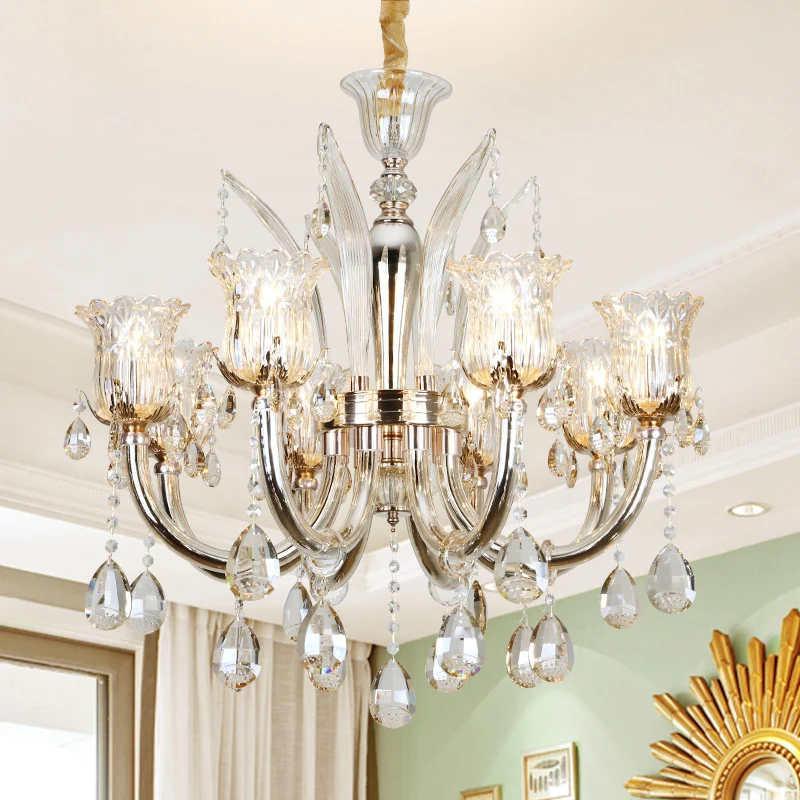 Lustre de salon à 6/8 ampoules, luminaire suspendu moderne en ambre avec abat-jour en verre cristallin floral, 23.5 "/ 27....