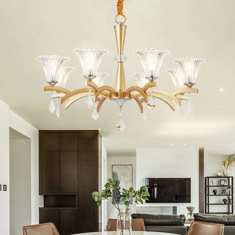 Lustre suspendu en or à 6/8 ampoules, éclairage suspendu moderne avec abat-jour en forme de cloche, Design en cristal évid...