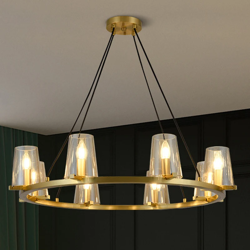 Lustre suspendu à cône à 6/8 ampoules, luminaire suspendu en verre voir à travers doré colonial avec design rond