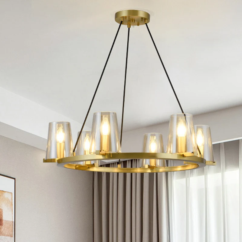 Lustre suspendu à cône à 6/8 ampoules, luminaire suspendu en verre voir à travers doré colonial avec design rond