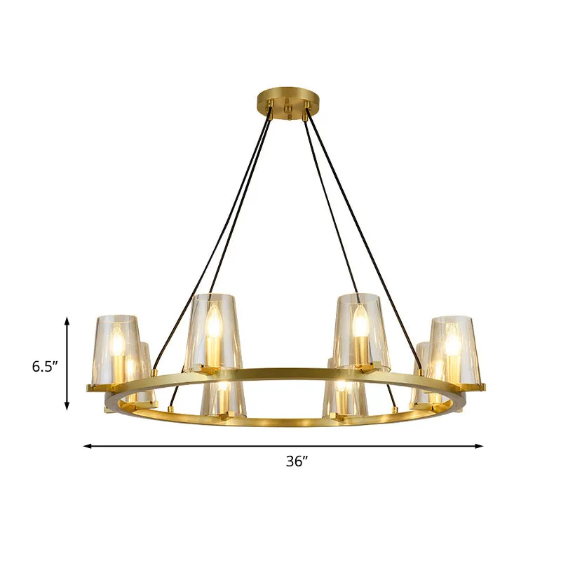Lustre suspendu à cône à 6/8 ampoules, luminaire suspendu en verre voir à travers doré colonial avec design rond