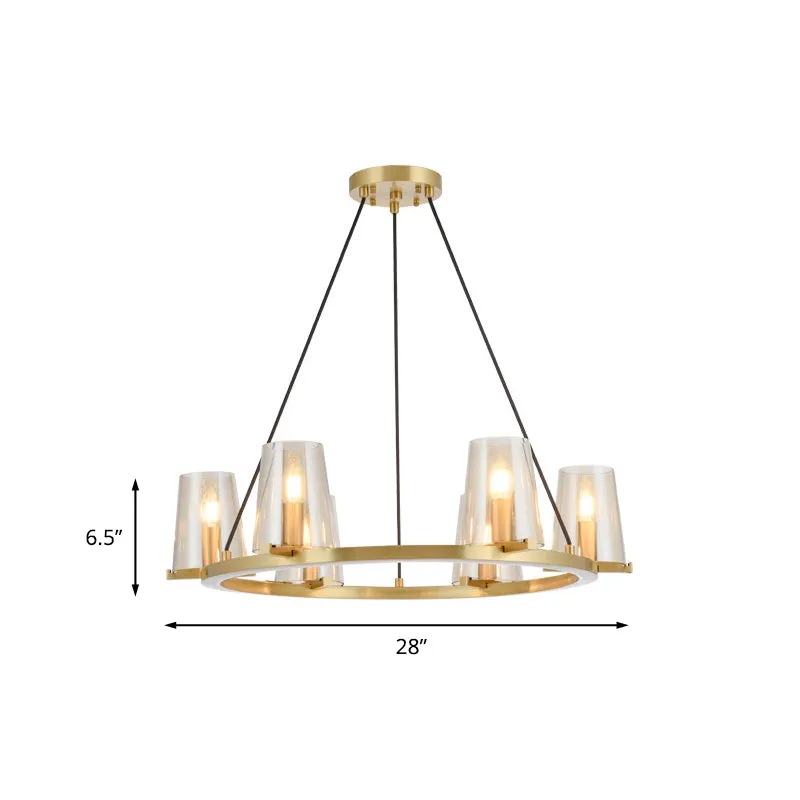 Lustre suspendu à cône à 6/8 ampoules, luminaire suspendu en verre voir à travers doré colonial avec design rond