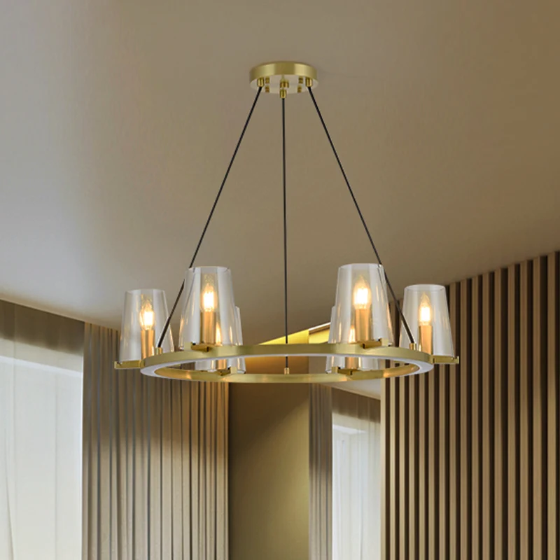 Lustre suspendu à cône à 6/8 ampoules, luminaire suspendu en verre voir à travers doré colonial avec design rond