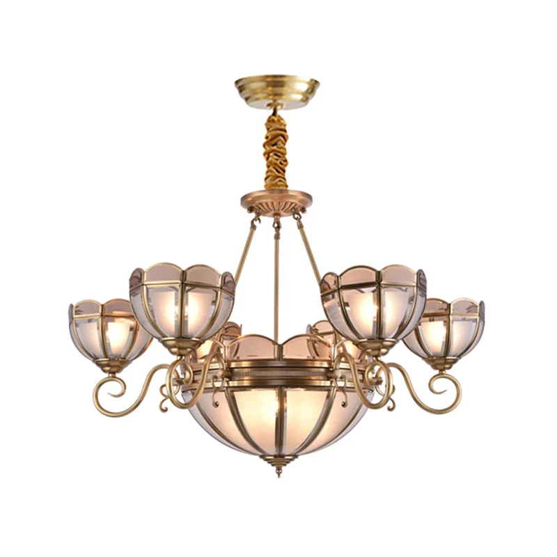 Lustre en verre givré Naturel doré, éclairage dôme, 5/6 ampoules, plafonnier suspendu colonial