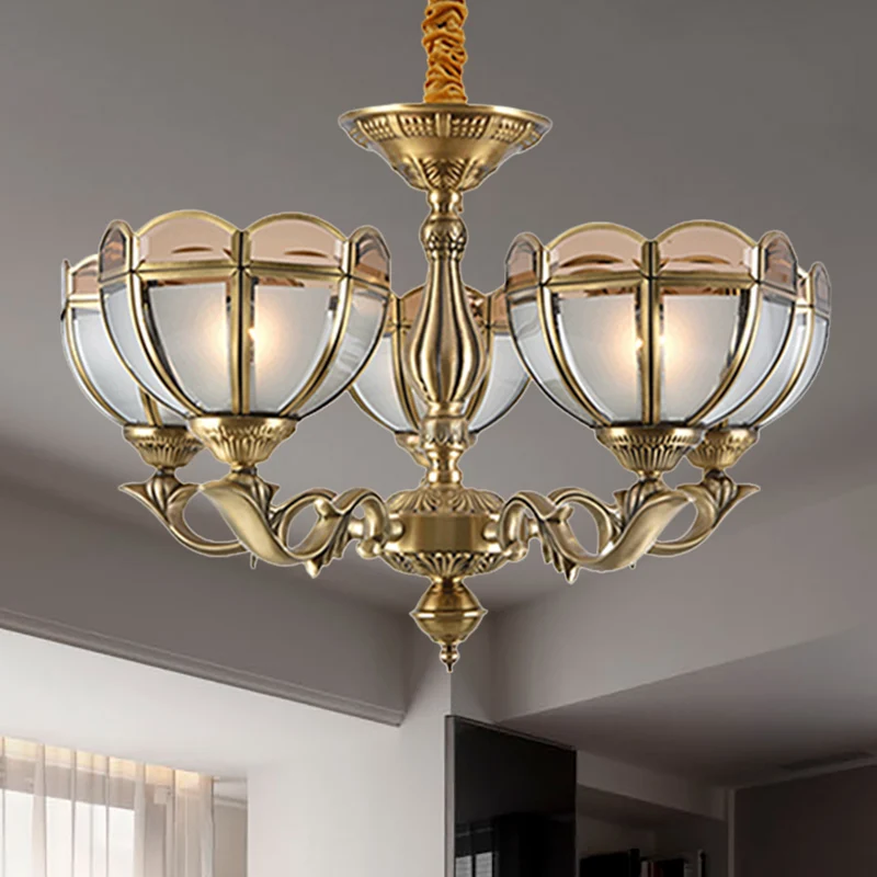 Lustre en verre givré Naturel doré, éclairage dôme, 5/6 ampoules, plafonnier suspendu colonial