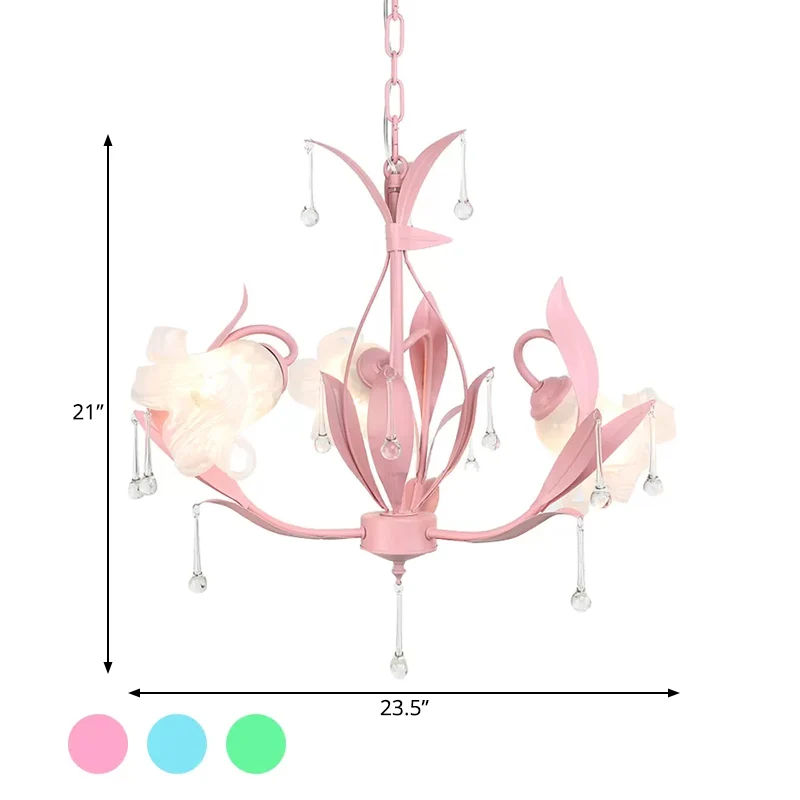 Lustre en verre opale en forme de fleur, pendentif de jardin coréen, 3/6 ampoules, pour salon, rose/bleu/vert avec drapage