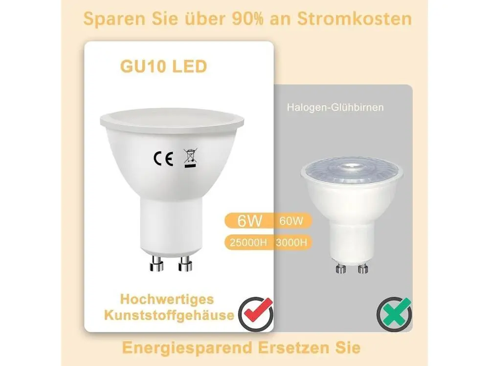 NETTLIFE Lot de 10 lampes LED GU10 Blanc brûlant 3000K 6W remplace les ampoules à incandescence 60W économie d'énergie ang...