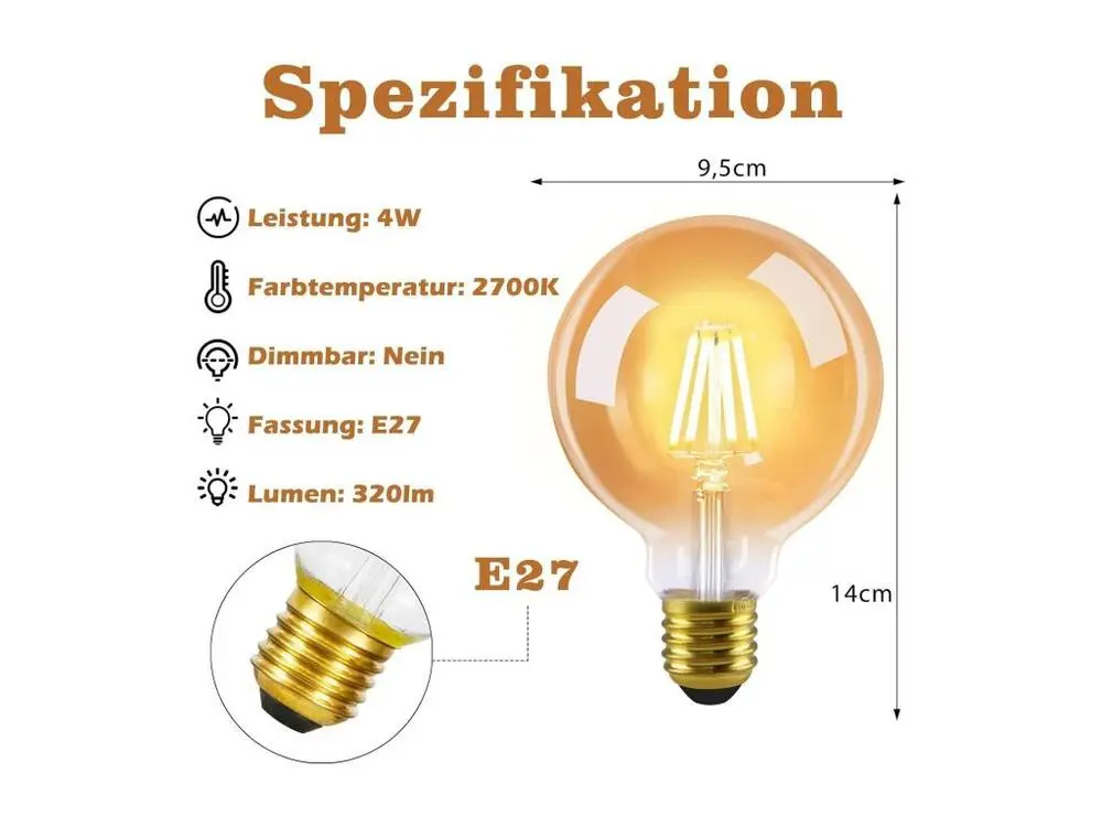 NETTLIFE Pack de 6 ampoules LED E27 lampe classique - ampoules à filament blanc chaud G95 2700K 4W Edison idéales pour mai...