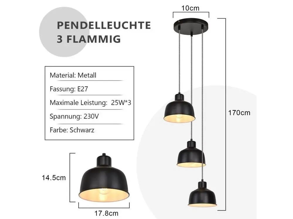 NETTLIFE Suspension Métal Diam.17,8 cm E27 Noir Vieux Industriel Rétro Cuisine Lampe 3 Ampoules pour Salle à Manger Chambr...