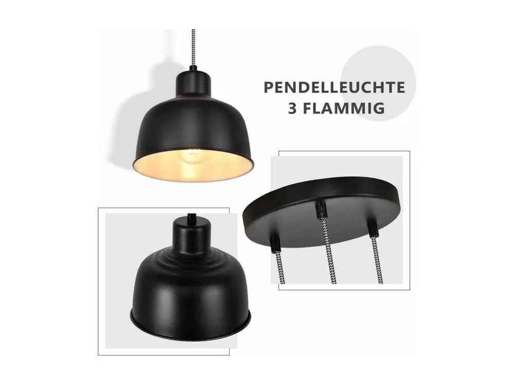 NETTLIFE Suspension Métal Diam.17,8 cm E27 Noir Vieux Industriel Rétro Cuisine Lampe 3 Ampoules pour Salle à Manger Chambr...