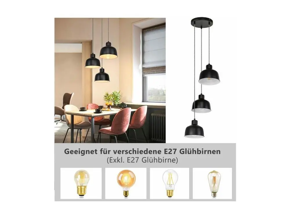 NETTLIFE Suspension Métal Diam.17,8 cm E27 Noir Vieux Industriel Rétro Cuisine Lampe 3 Ampoules pour Salle à Manger Chambr...
