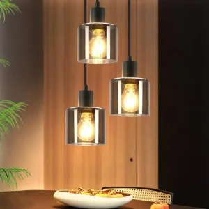 NETTLIFE Suspension Verre Noir Diam.26cm E27 Salon 3 Ampoules Lampe de Salle à Manger Nostalgique Lampe à Industrielle Rég...