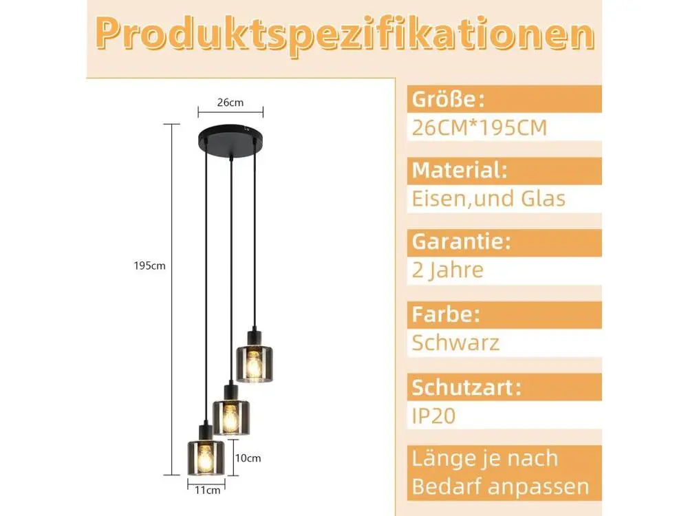 NETTLIFE Suspension Verre Noir Diam.26cm E27 Salon 3 Ampoules Lampe de Salle à Manger Nostalgique Lampe à Industrielle Rég...
