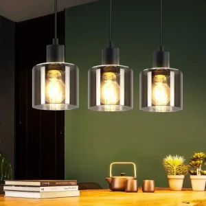 NETTLIFE Suspension Verre Noir Diam.68 cm E27 D'époque 3 Ampoules Lampe de Salle à Manger Lampe à Industrielle Rétro pour...