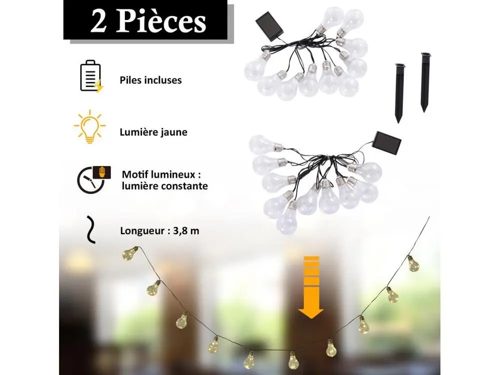 Outsunny Guirlandes lumineuses solaires extérieures - lot de 2 pièces - total 20 ampoules LED blanc doux - longueur totale...