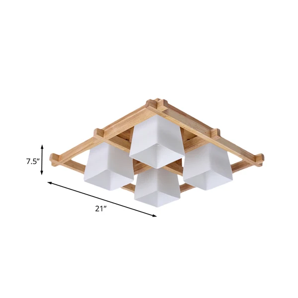 Plafonnier trapézoïdal en verre blanc, luminaire japonais à 4/6 ampoules, monté au plafond, avec cadre en grille en bois