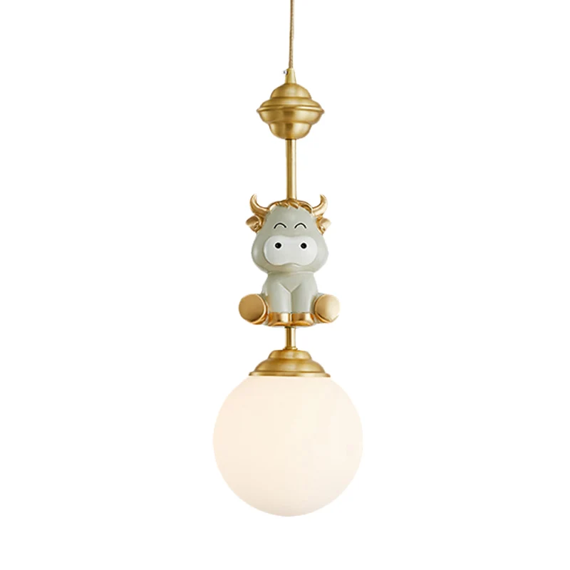 Suspension en forme de vache/tigre doré, 1 ampoule, en résine, avec abat-jour en verre blanc global