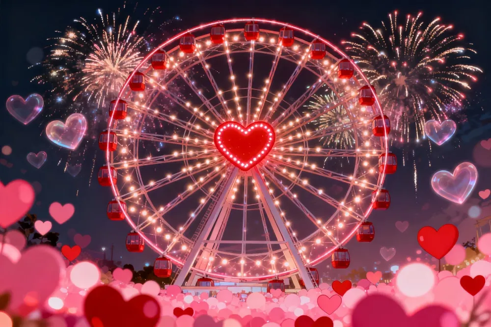 Coffre de rangement Fond scintillant pour la Saint-Valentin avec des feux d'artifice et des cœurs Fond avec une grande rou...