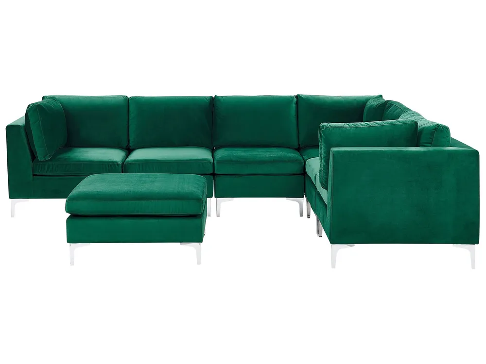 Left Hand 6 Seater Combinable Velvet Corner Sofa Ottoman Green EVJA