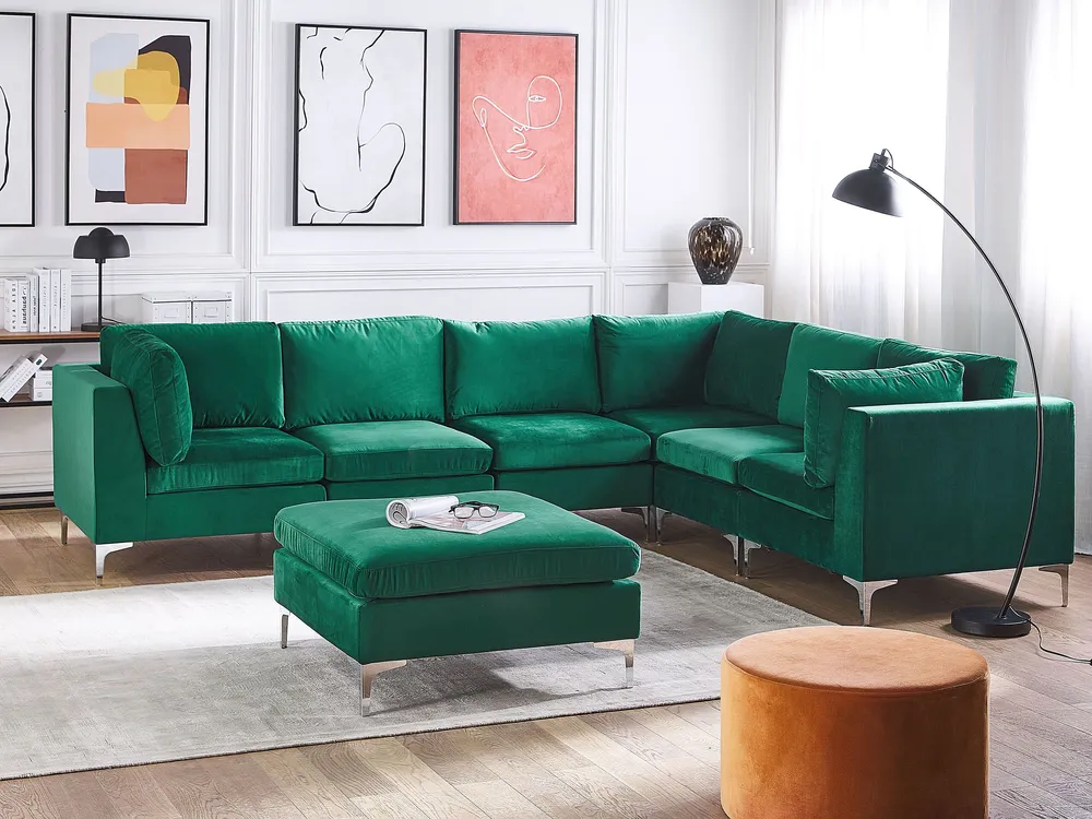 Left Hand 6 Seater Combinable Velvet Corner Sofa Ottoman Green EVJA