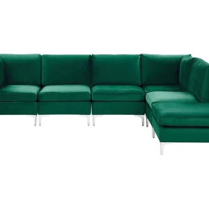 Left Hand 5 Seater Modular Velvet Corner Sofa Ottoman Vert êt EVJA
