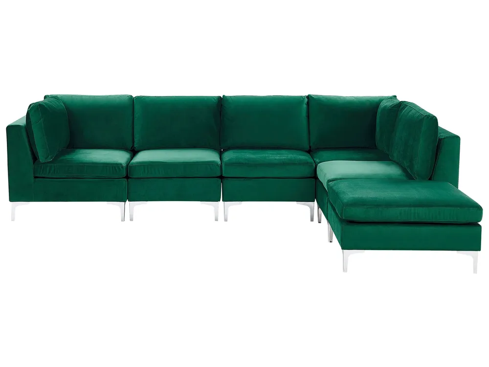 Left Hand 5 Seater Modular Velvet Corner Sofa Ottoman Vert êt EVJA