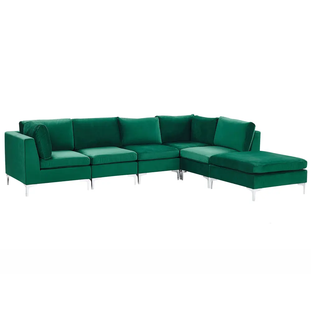 Left Hand 5 Seater Modular Velvet Corner Sofa Ottoman Vert êt EVJA
