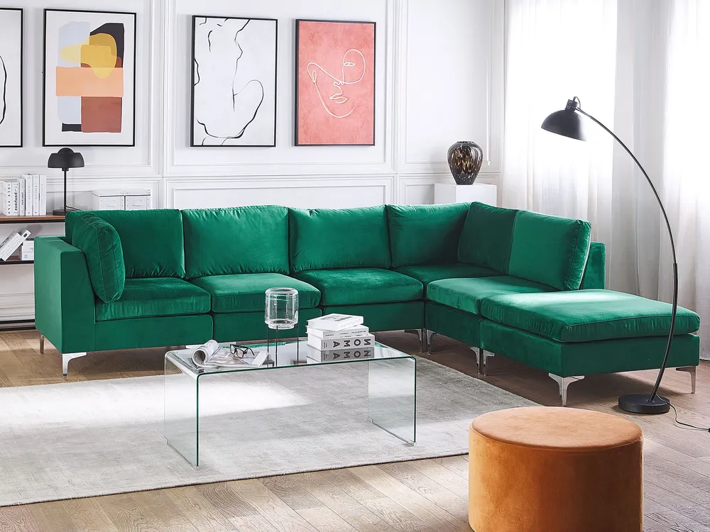 Left Hand 5 Seater Modular Velvet Corner Sofa Ottoman Vert êt EVJA