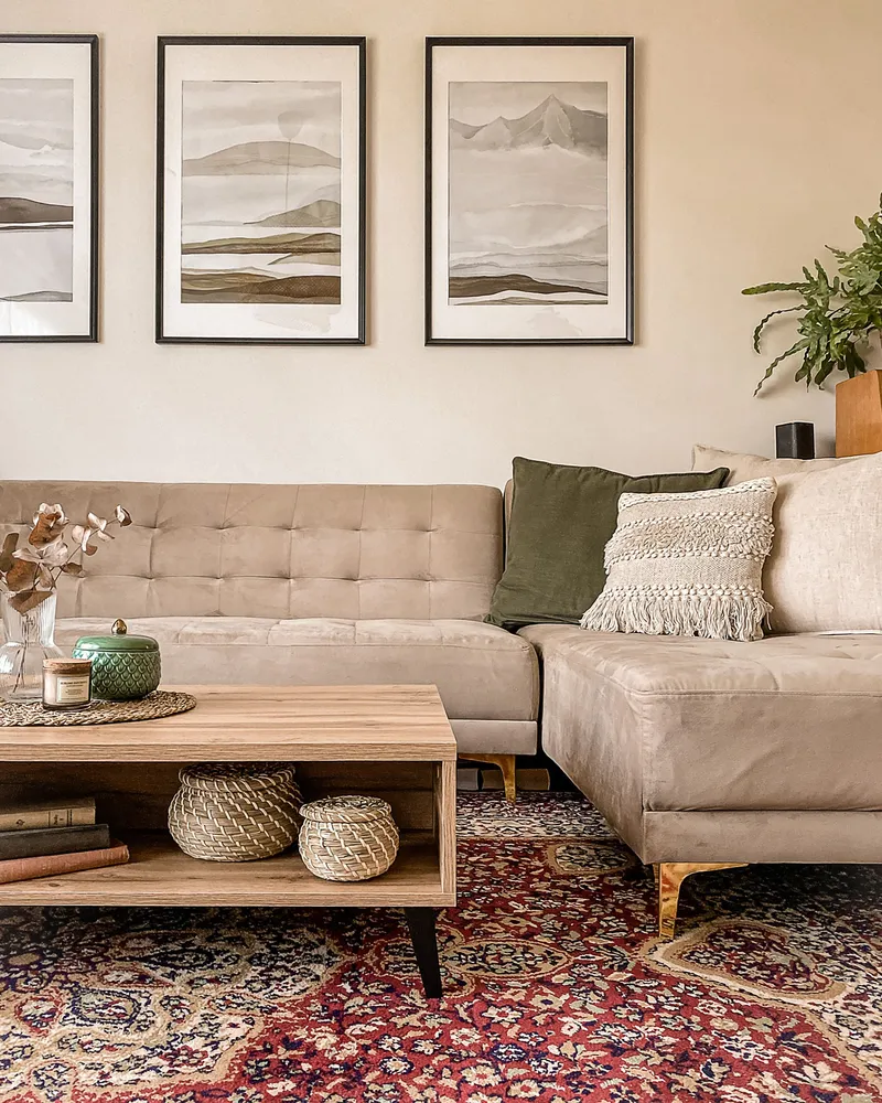 Left Hand En velours Corner Sofa Sand Beige ABERDEEN