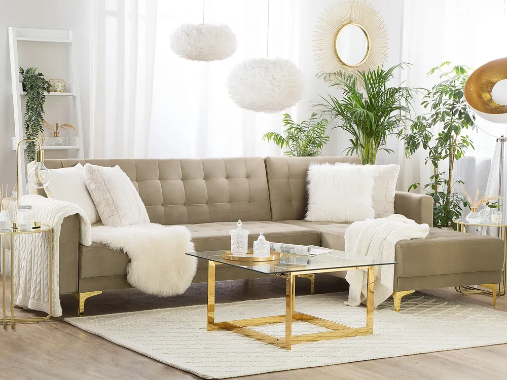 Left Hand En velours Corner Sofa Sand Beige ABERDEEN