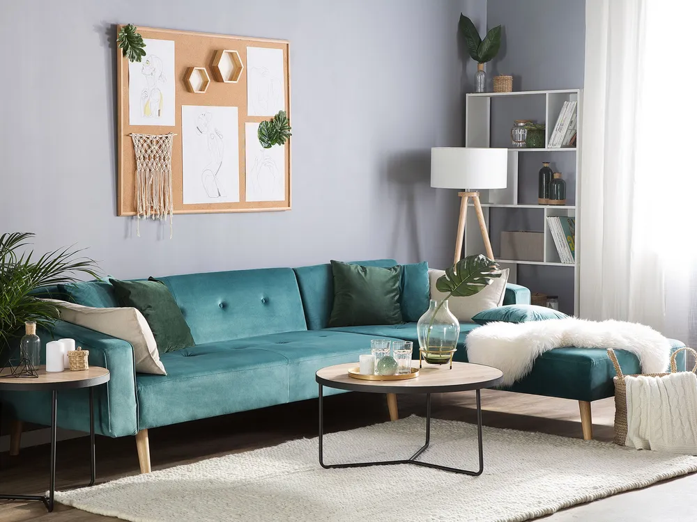 Left Hand Velvet Corner Sofa Bed Vert jade VADSO