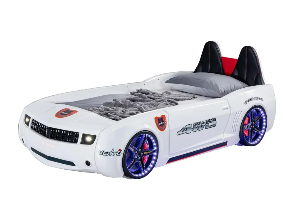 Lit voiture de course blanc full options Fusion 90x190 - Conforme aux Normes