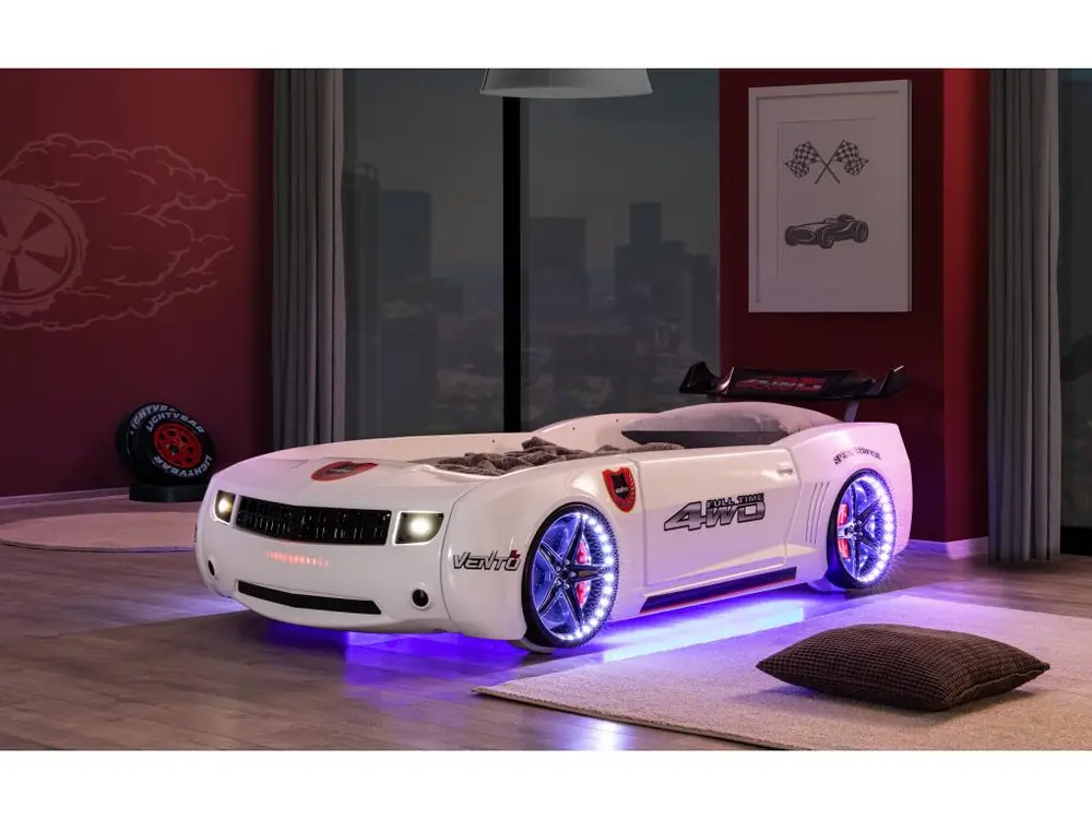 Lit voiture de course blanc full options Fusion 90x190 - Conforme aux Normes