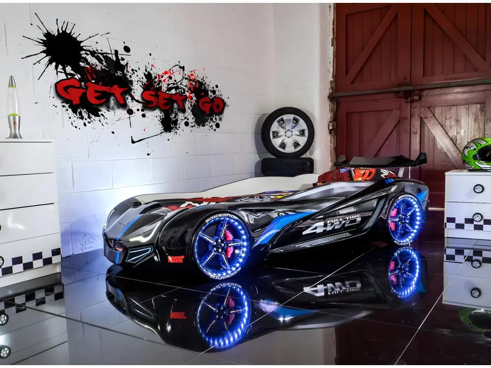 Lit voiture de course turbo V1 noir 90x190 | Livraison Rapide